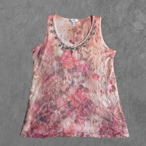 Vintage Y2K Beaded Pink & Beige Floral Lace Tank Top L
